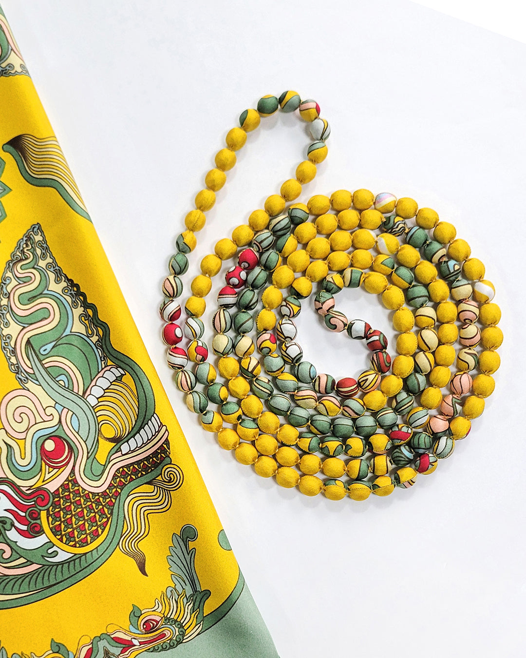 Printed Silk Wrapped Bead Necklace / Yellow / 110cm / 44in