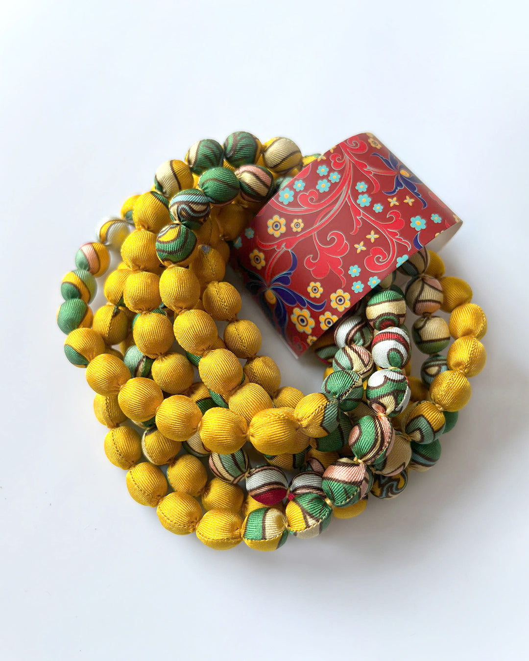 Printed Silk Wrapped Bead Necklace / Yellow / 110cm / 44in
