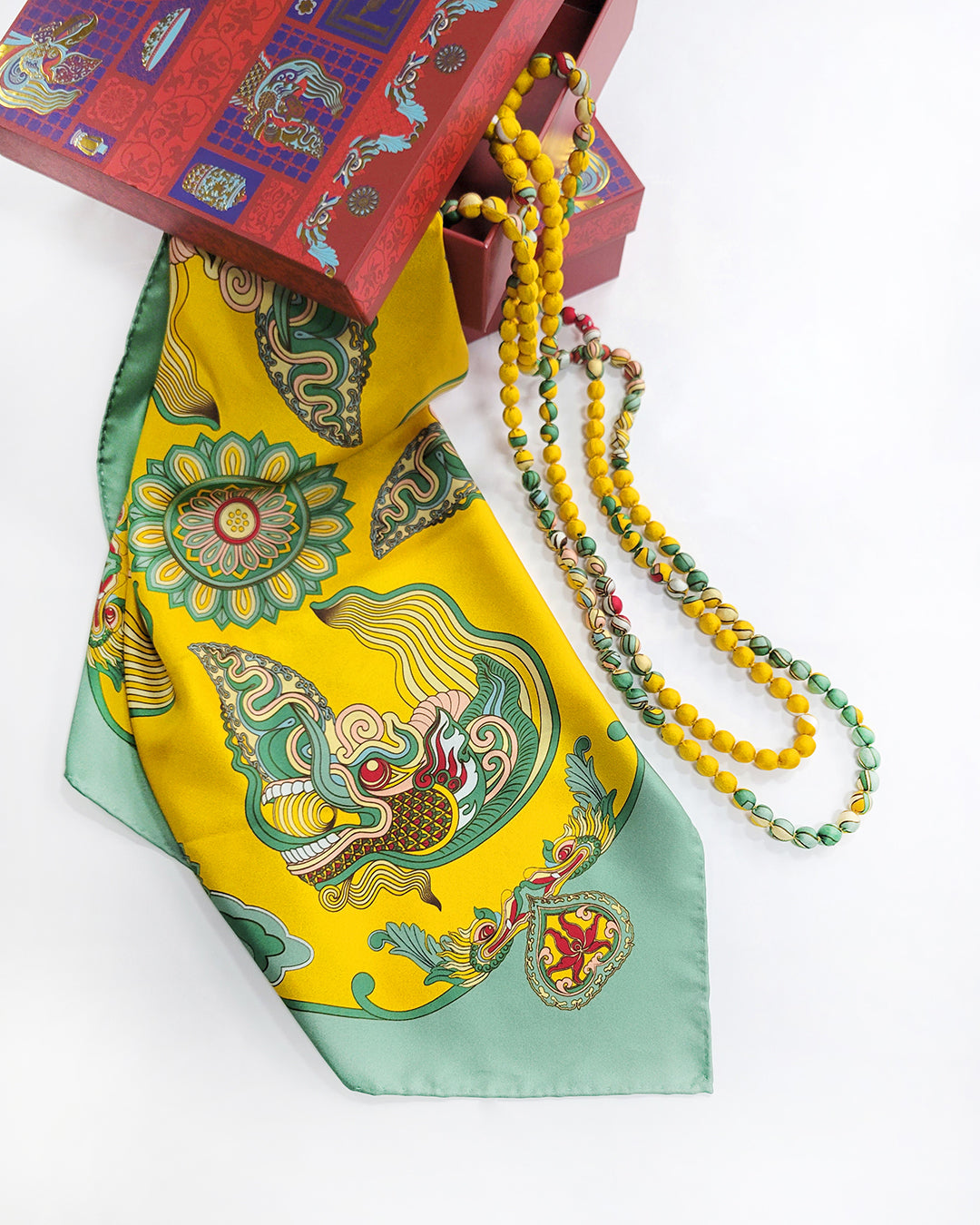 Printed Silk Wrapped Bead Necklace / Yellow / 110cm / 44in
