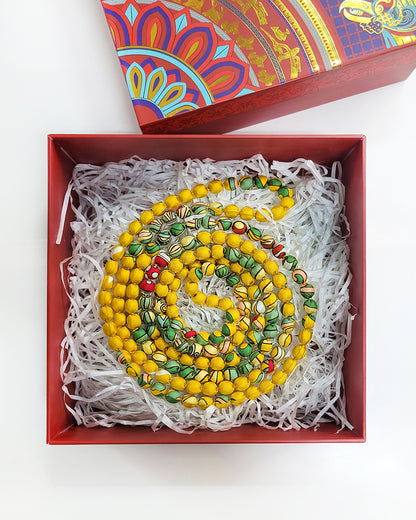 Printed Silk Wrapped Bead Necklace / Yellow / 110cm / 44in
