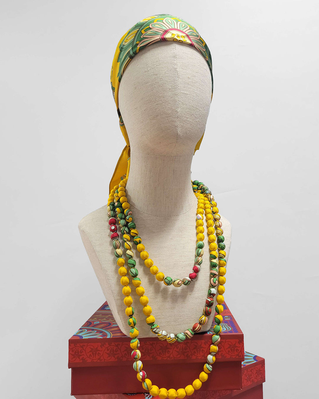Printed Silk Wrapped Bead Necklace / Yellow / 110cm / 44in