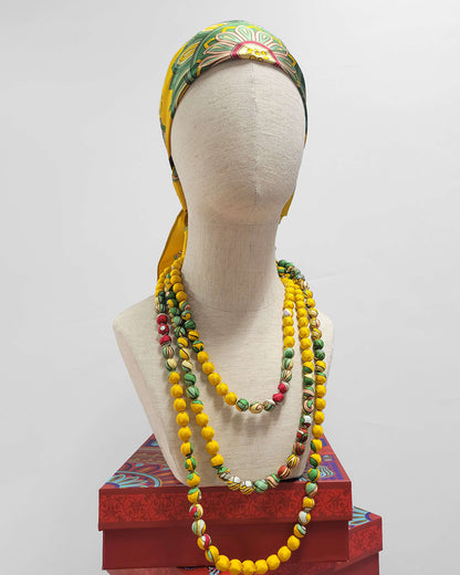 Printed Silk Wrapped Bead Necklace / Yellow / 110cm / 44in