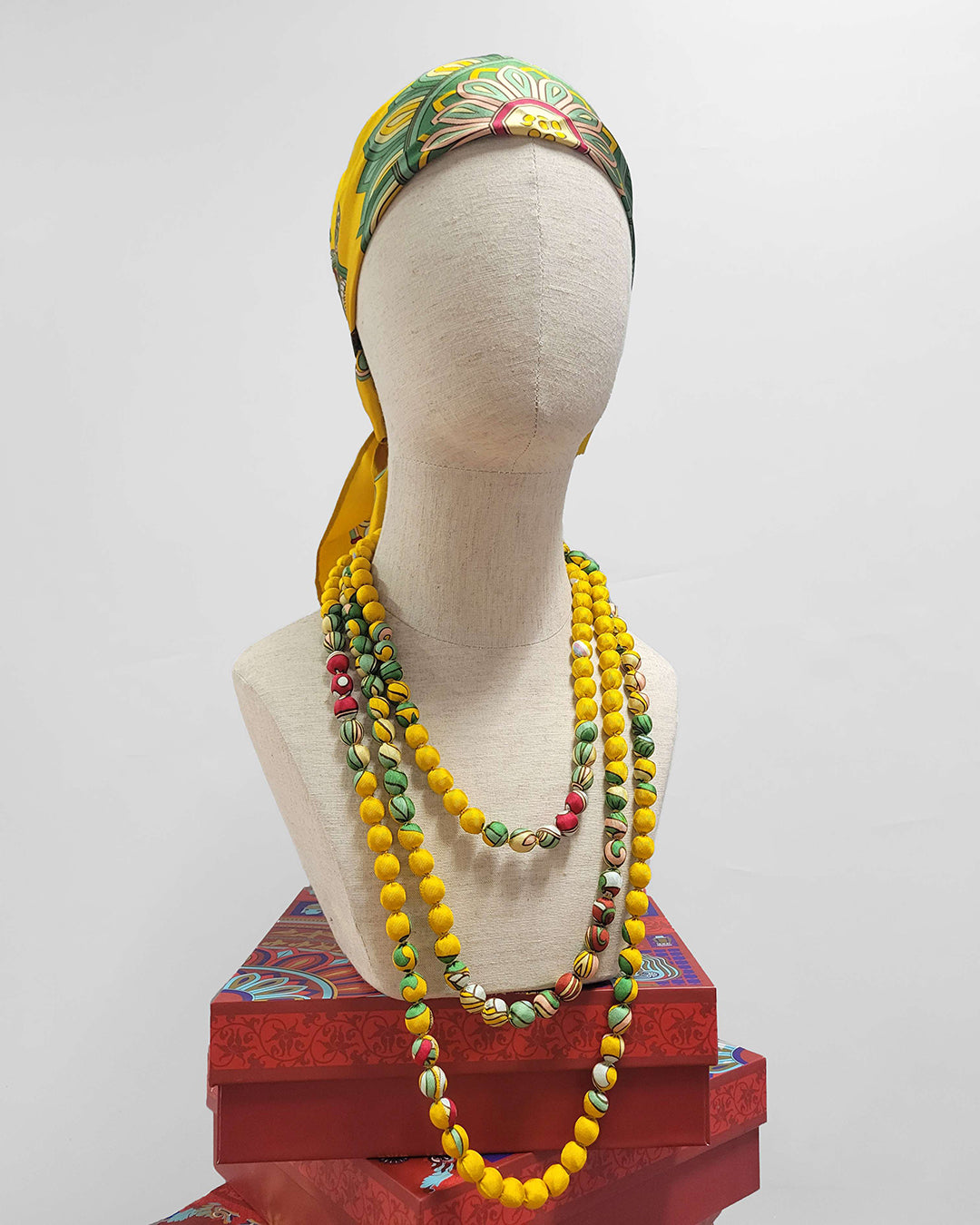 Printed Silk Wrapped Bead Necklace / Yellow / 110cm / 44in