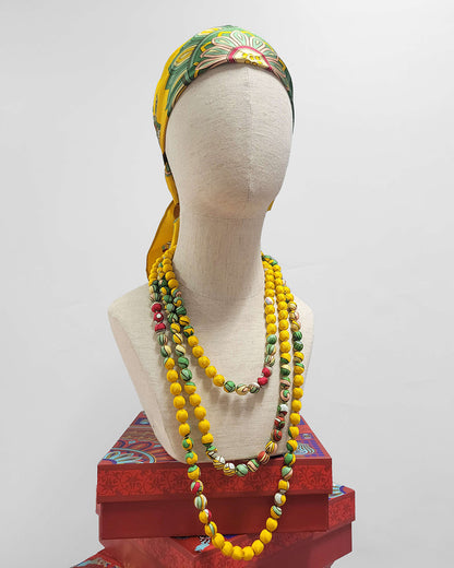 Printed Silk Wrapped Bead Necklace / Yellow / 110cm / 44in