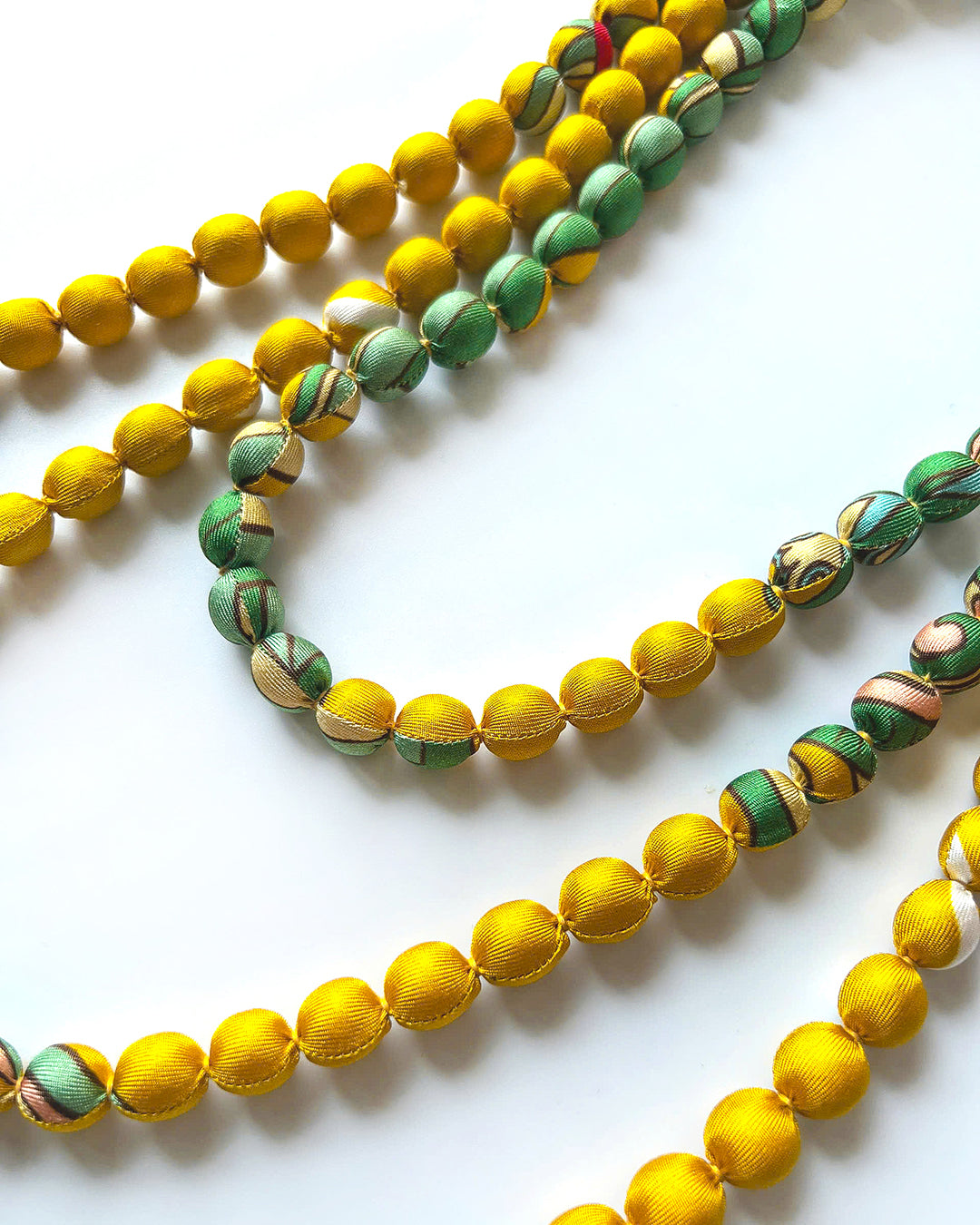 Printed Silk Wrapped Bead Necklace / Yellow / 110cm / 44in