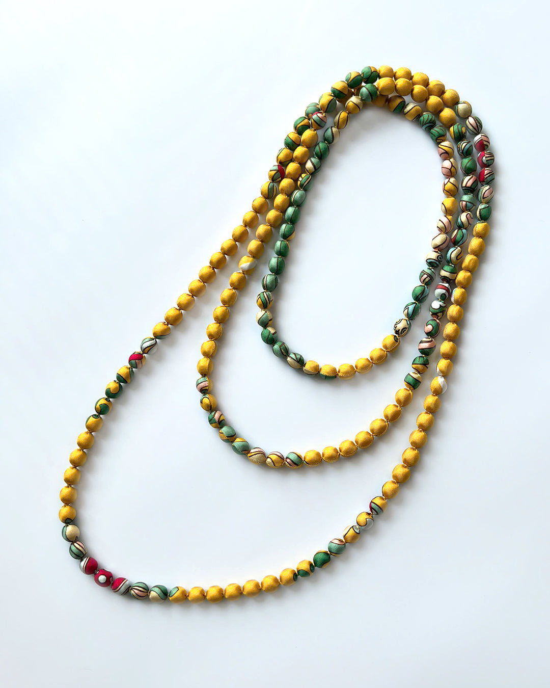 Printed Silk Wrapped Bead Necklace / Yellow / 110cm / 44in