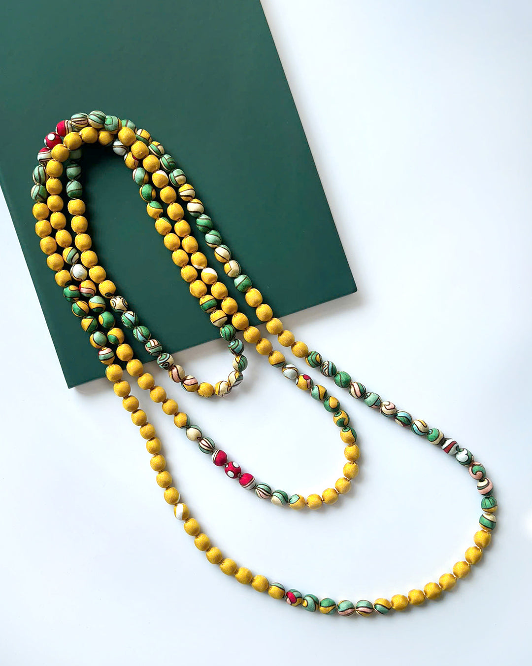 Printed Silk Wrapped Bead Necklace / Yellow / 110cm / 44in