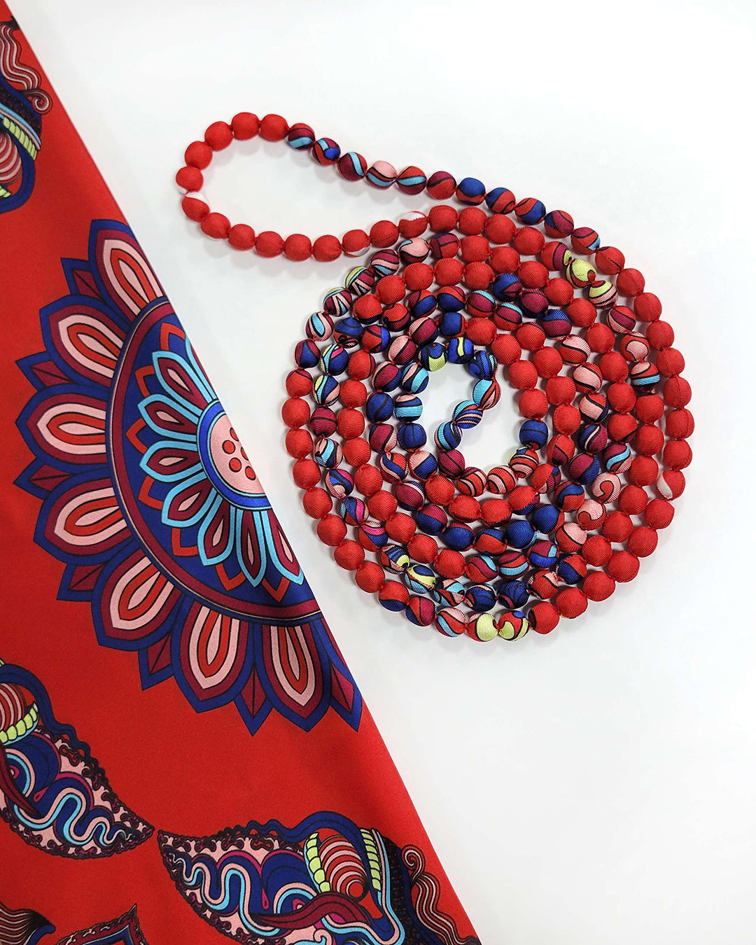 Printed Silk Wrapped Bead Necklace / Red / 110cm / 44in