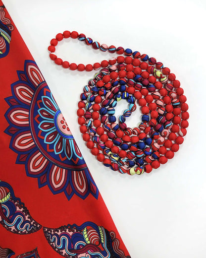 Printed Silk Wrapped Bead Necklace / Red / 110cm / 44in