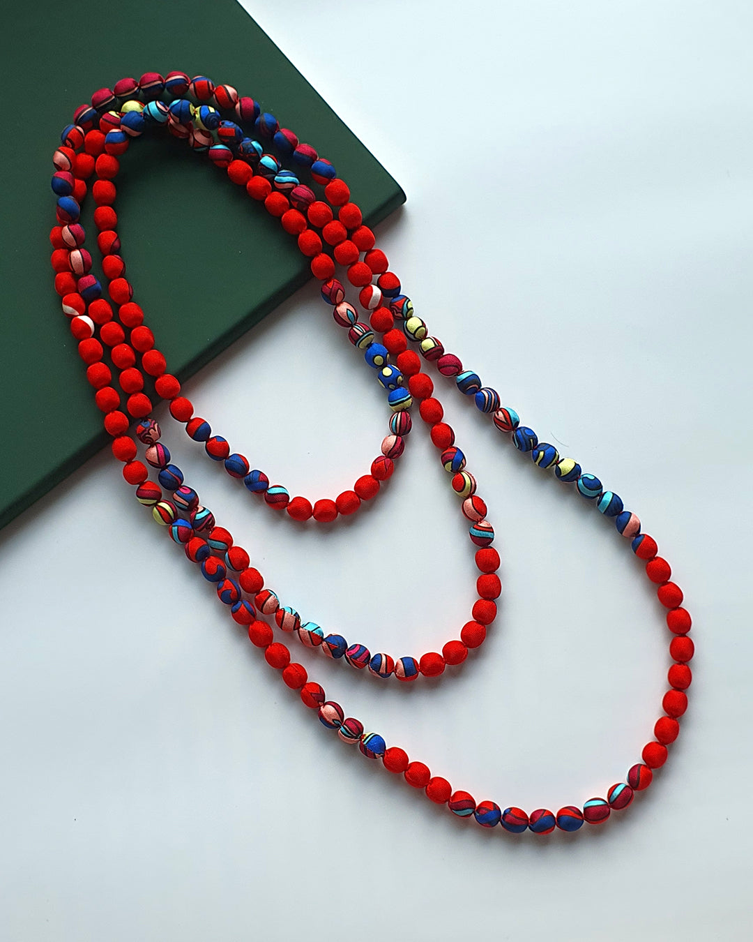 Printed Silk Wrapped Bead Necklace / Red / 110cm / 44in