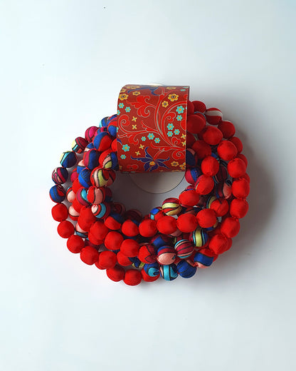 Printed Silk Wrapped Bead Necklace / Red / 110cm / 44in