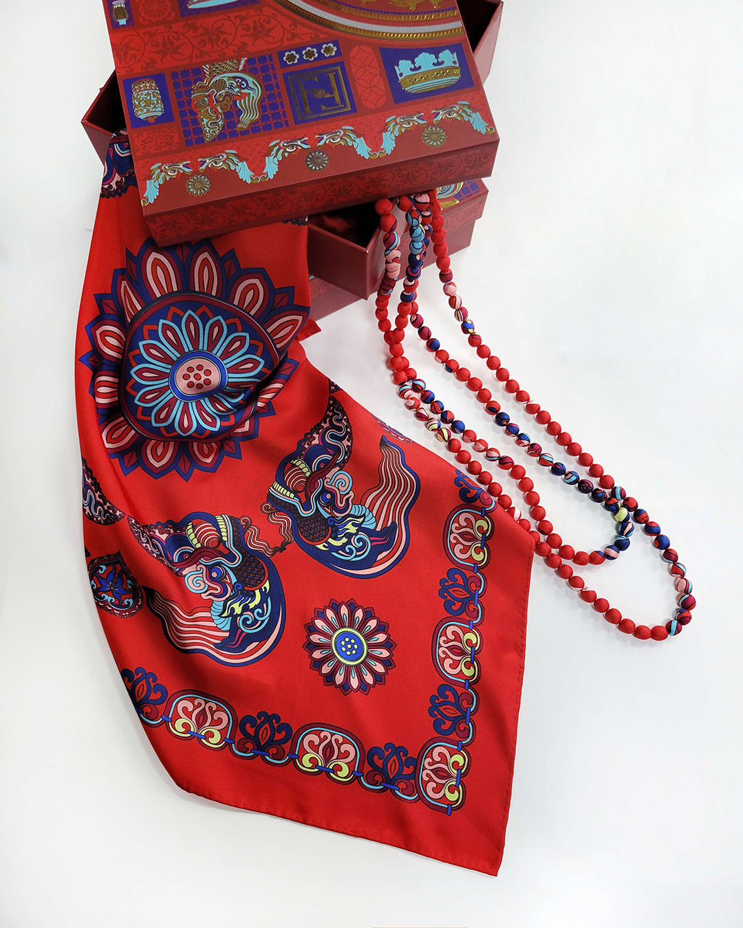 Printed Silk Wrapped Bead Necklace / Red / 110cm / 44in