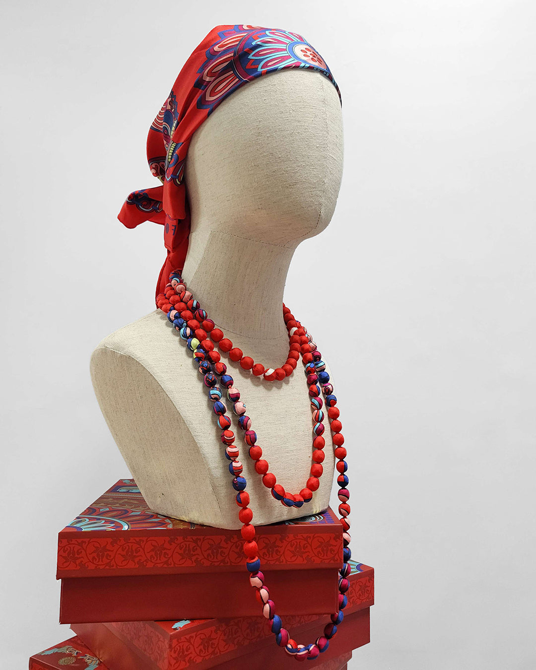 Printed Silk Wrapped Bead Necklace / Red / 110cm / 44in