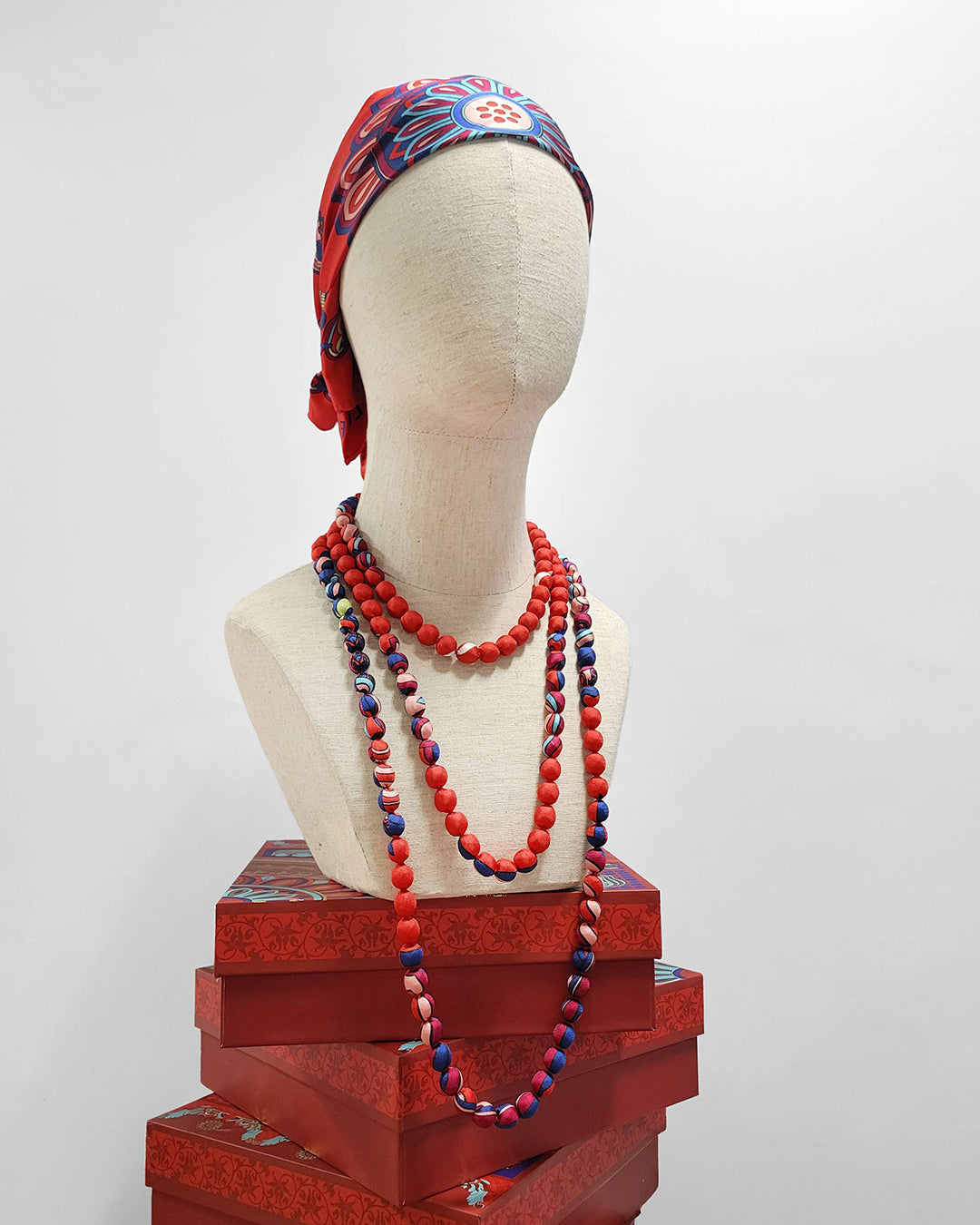 Printed Silk Wrapped Bead Necklace / Red / 110cm / 44in