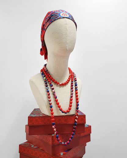 Printed Silk Wrapped Bead Necklace / Red / 110cm / 44in