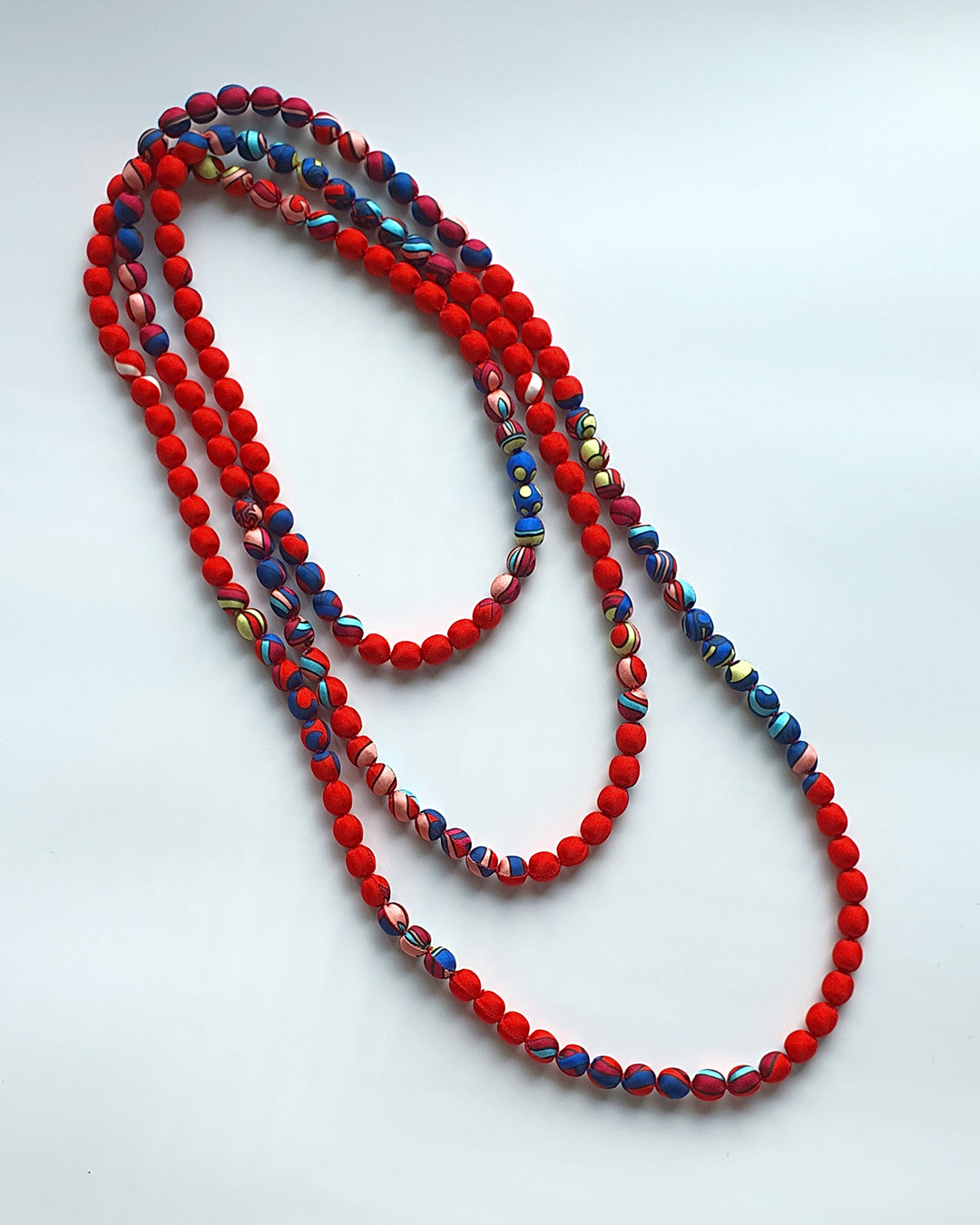 Printed Silk Wrapped Bead Necklace / Red / 110cm / 44in
