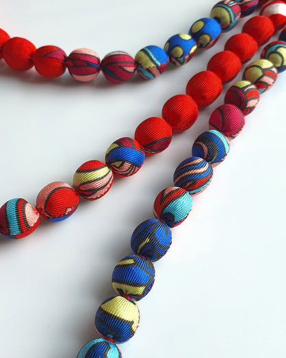 Printed Silk Wrapped Bead Necklace / Red / 110cm / 44in