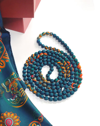 Printed Silk Wrapped Bead Necklace / Dark Green / 110cm / 44in