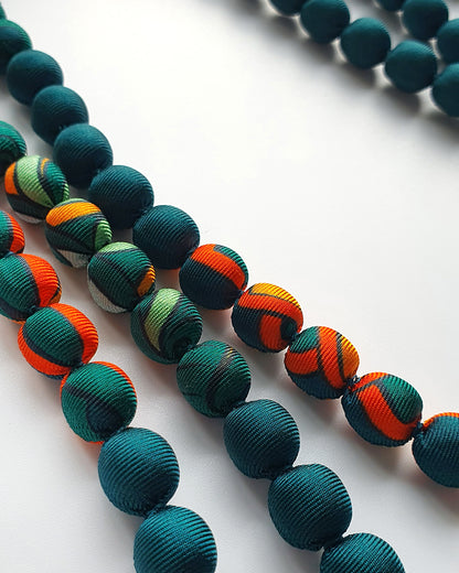 Printed Silk Wrapped Bead Necklace / Dark Green / 110cm / 44in