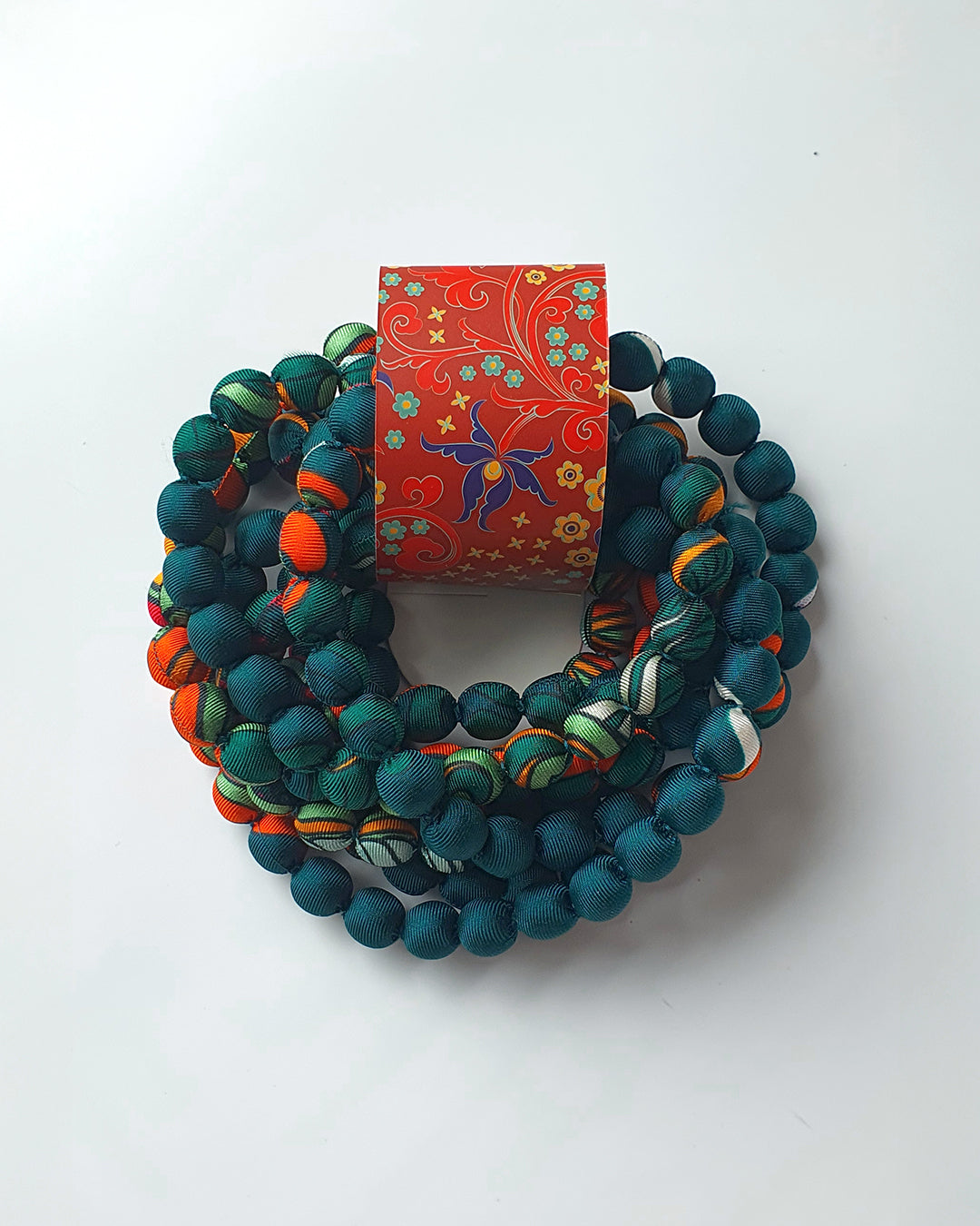 Printed Silk Wrapped Bead Necklace / Dark Green / 110cm / 44in