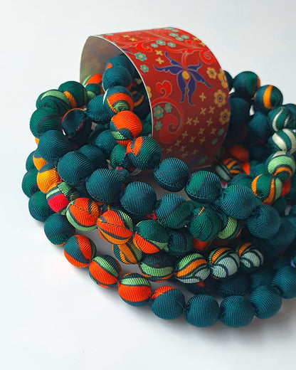 Printed Silk Wrapped Bead Necklace / Dark Green / 110cm / 44in