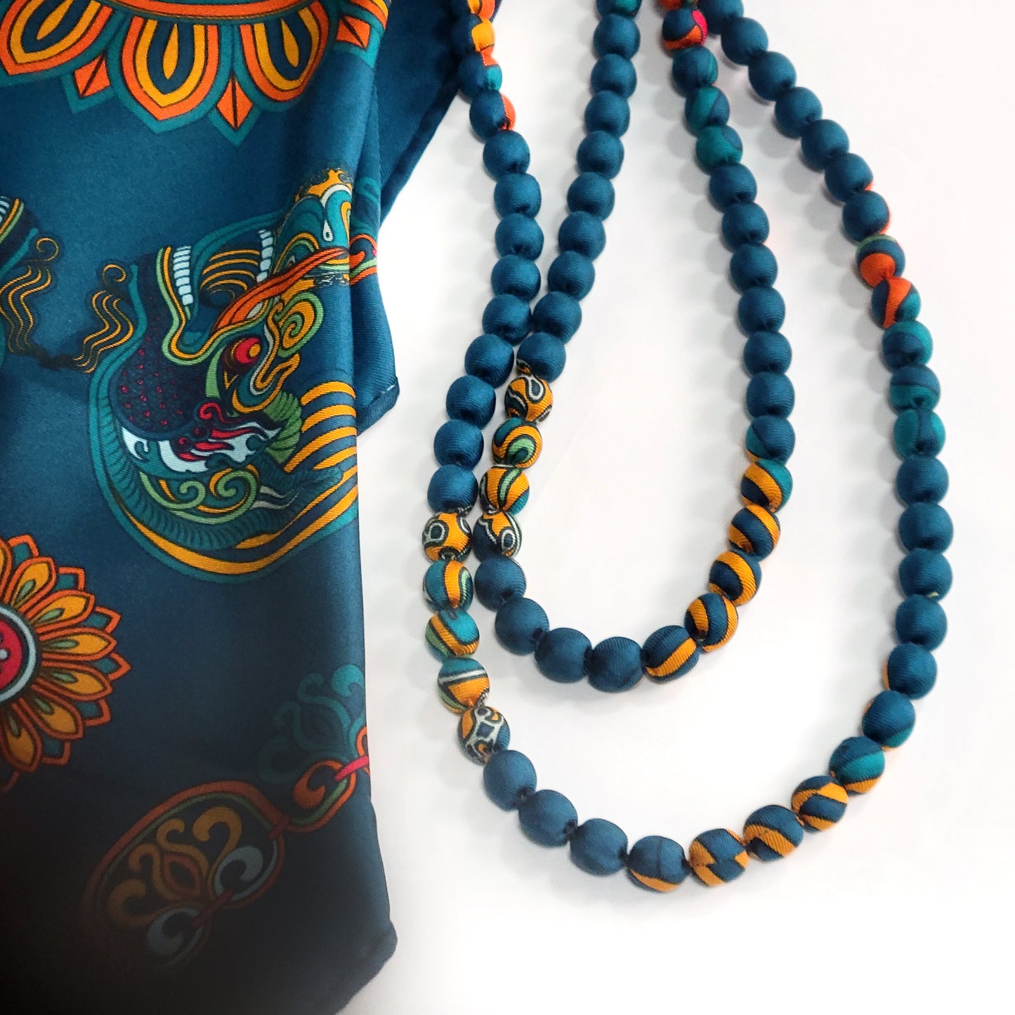 Printed Silk Wrapped Bead Necklace / Dark Green / 110cm / 44in