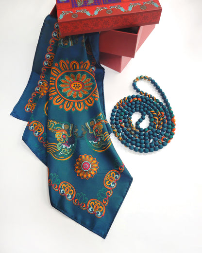 Printed Silk Wrapped Bead Necklace / Dark Green / 110cm / 44in
