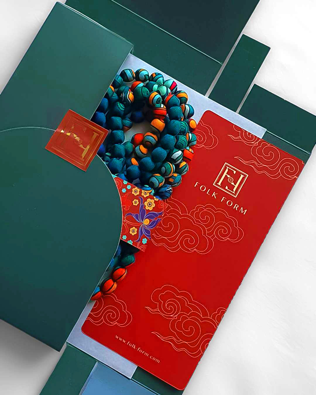 Printed Silk Wrapped Bead Necklace / Dark Green / 110cm / 44in