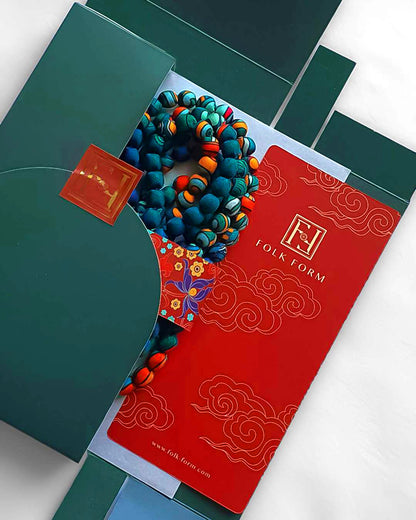 Printed Silk Wrapped Bead Necklace / Dark Green / 110cm / 44in
