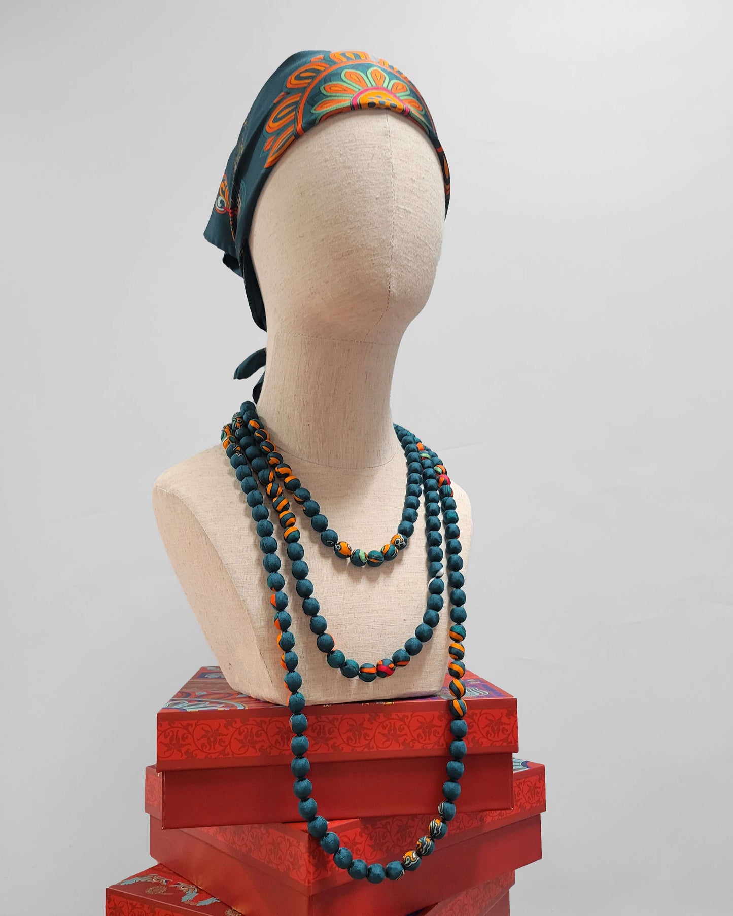 Printed Silk Wrapped Bead Necklace / Dark Green / 110cm / 44in