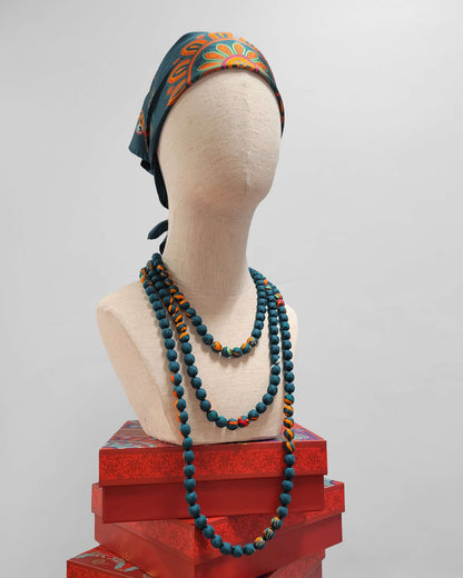 Printed Silk Wrapped Bead Necklace / Dark Green / 110cm / 44in