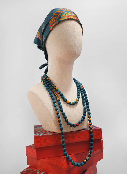 Printed Silk Wrapped Bead Necklace / Dark Green / 110cm / 44in