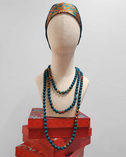 Printed Silk Wrapped Bead Necklace / Dark Green / 110cm / 44in