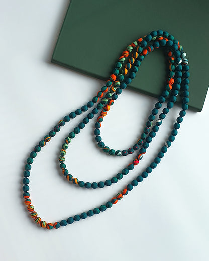 Printed Silk Wrapped Bead Necklace / Dark Green / 110cm / 44in