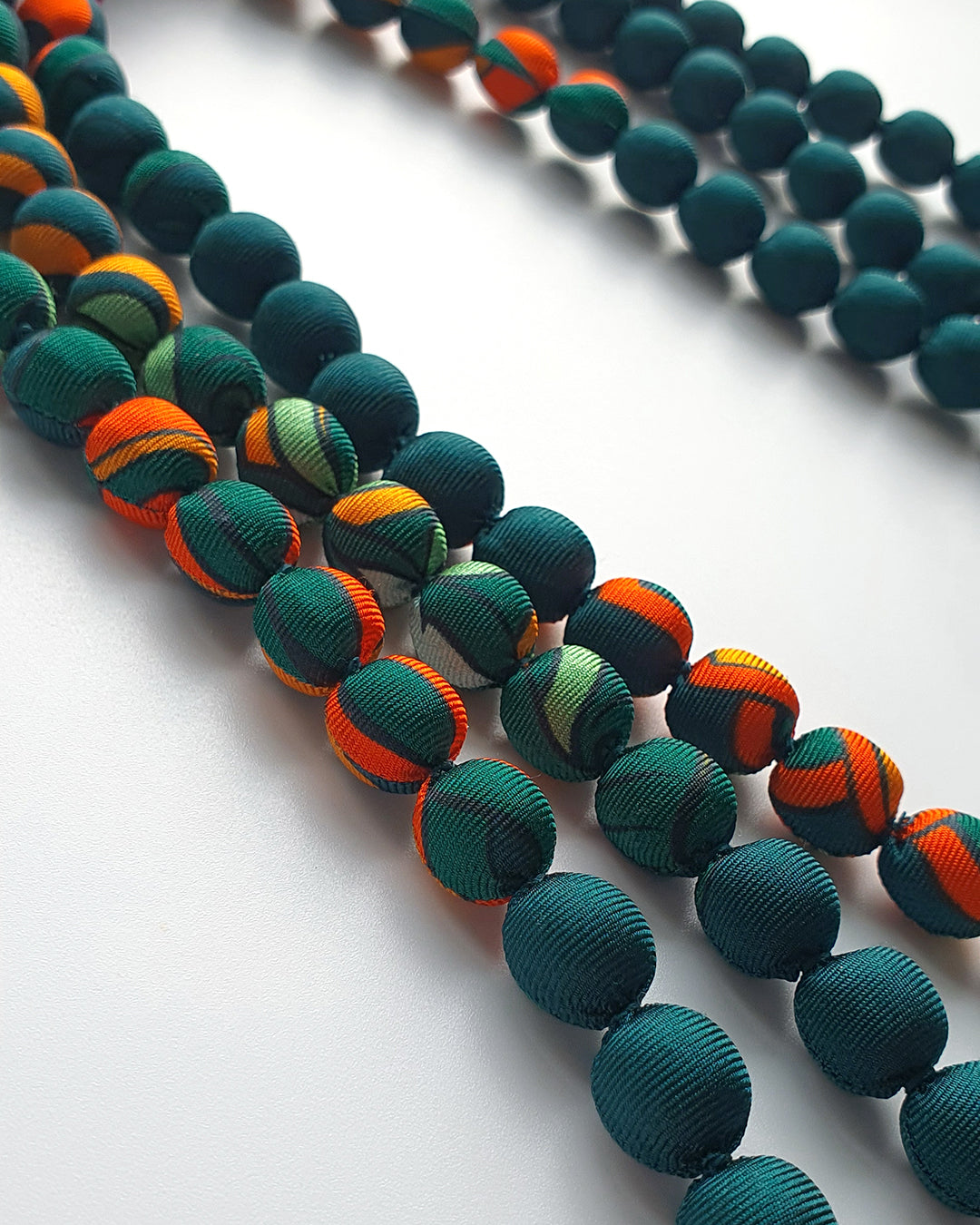Printed Silk Wrapped Bead Necklace / Dark Green / 110cm / 44in