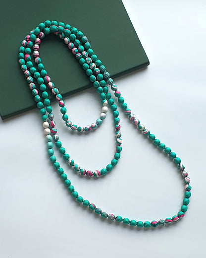 Printed Silk Wrapped Bead Necklace / Turquoise / 110cm / 44in