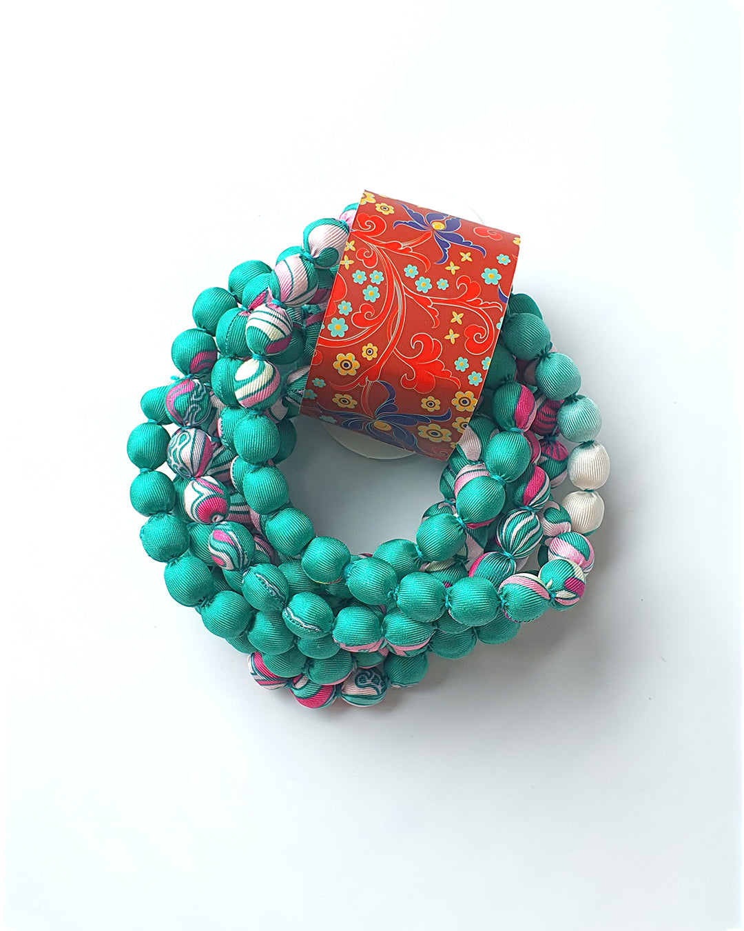 Printed Silk Wrapped Bead Necklace / Turquoise / 110cm / 44in