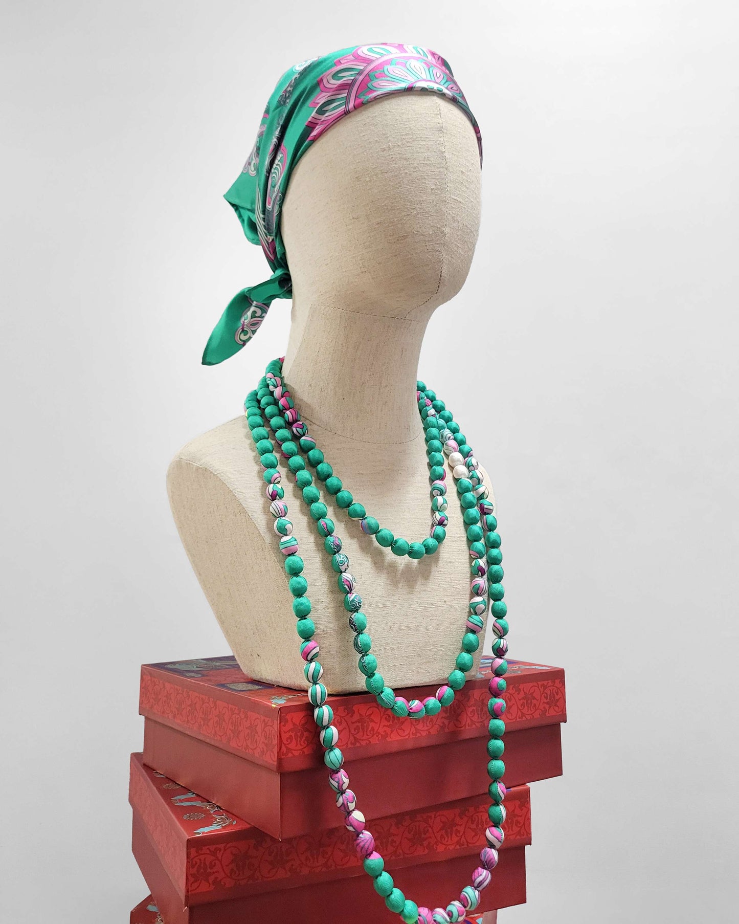 Printed Silk Wrapped Bead Necklace / Turquoise / 110cm / 44in