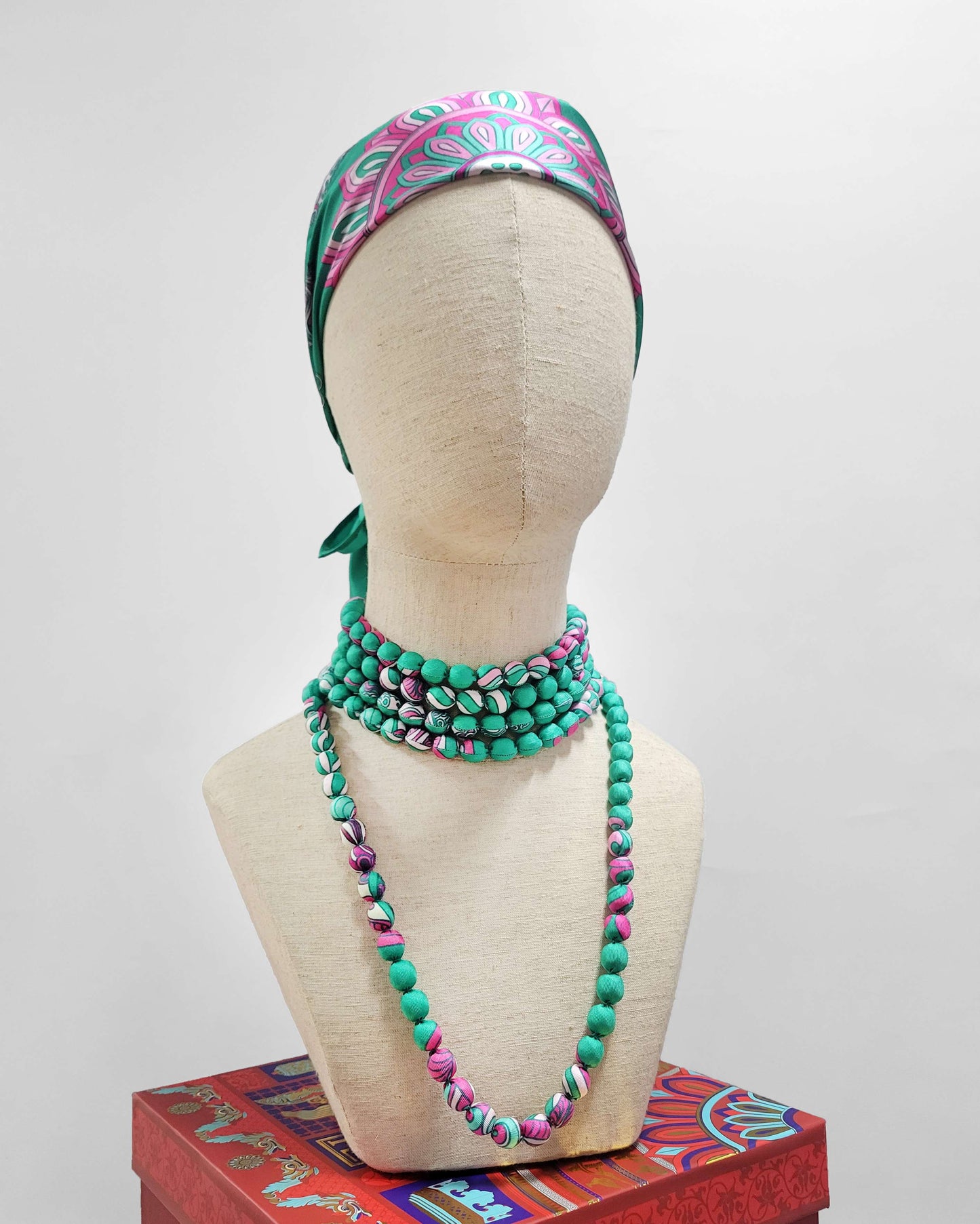 Printed Silk Wrapped Bead Necklace / Turquoise / 110cm / 44in