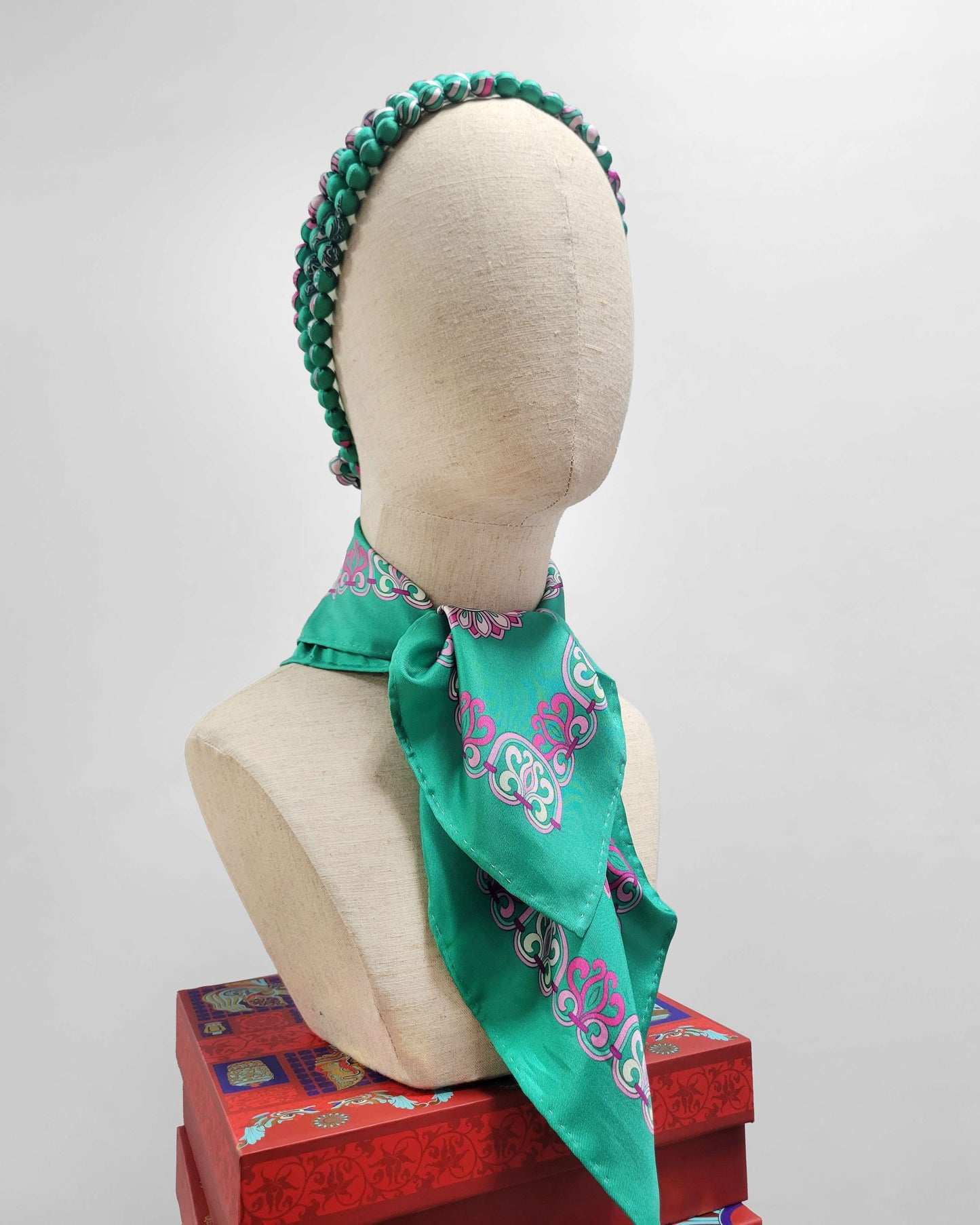 Printed Silk Wrapped Bead Necklace / Turquoise / 110cm / 44in