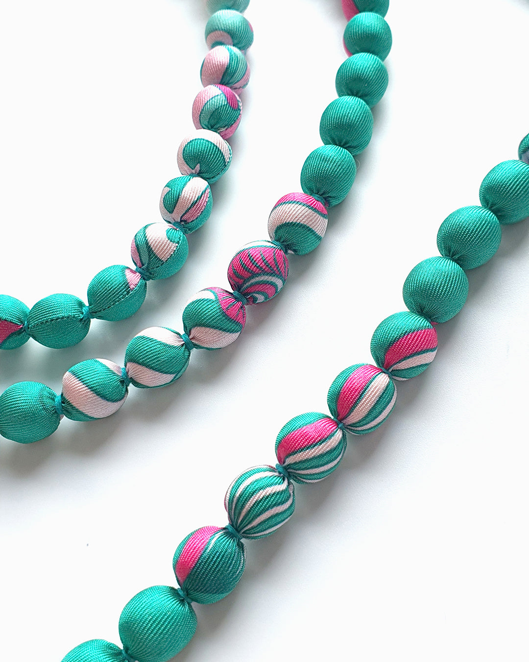 Printed Silk Wrapped Bead Necklace / Turquoise / 110cm / 44in