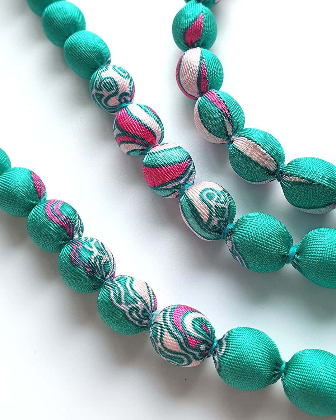 Printed Silk Wrapped Bead Necklace / Turquoise / 110cm / 44in