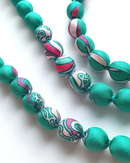 Printed Silk Wrapped Bead Necklace / Turquoise / 110cm / 44in