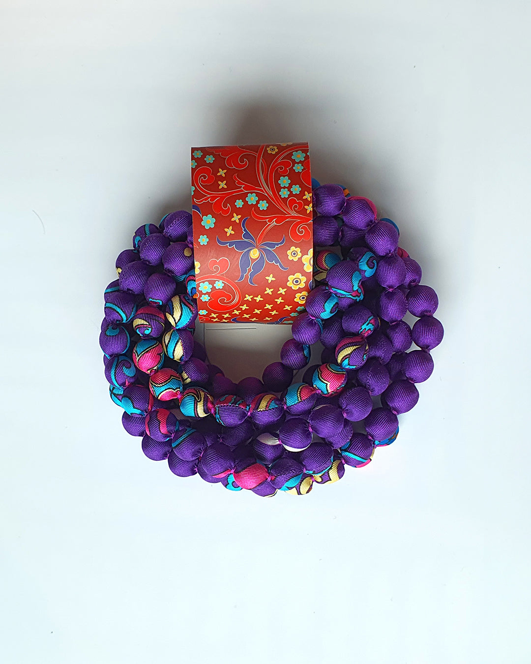 Printed Silk Wrapped Bead Necklace / Purple / 110cm / 44in