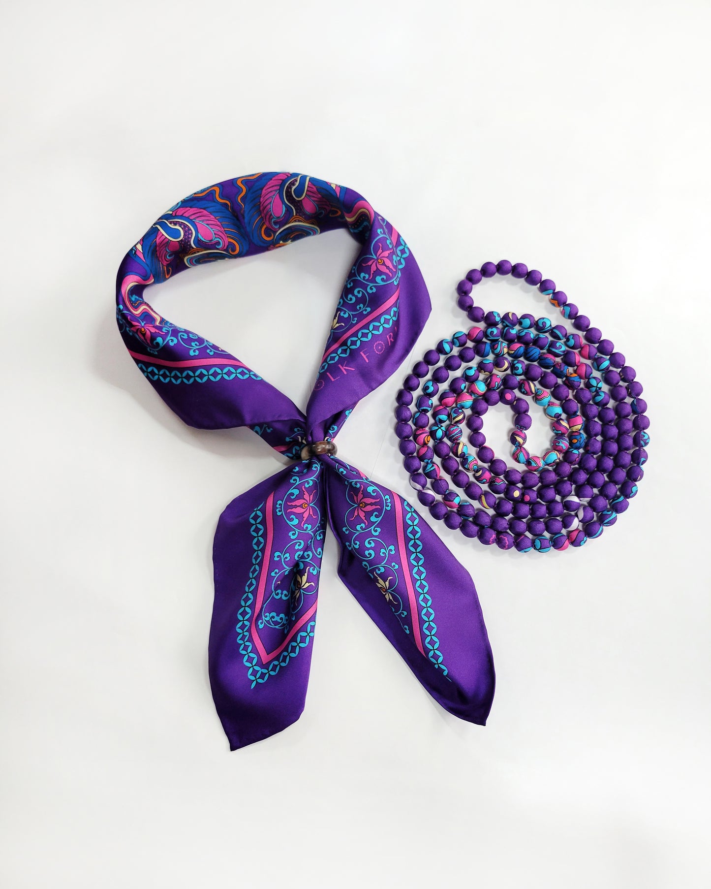 Printed Silk Wrapped Bead Necklace / Purple / 110cm / 44in
