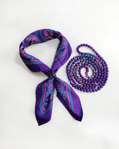 Printed Silk Wrapped Bead Necklace / Purple / 110cm / 44in