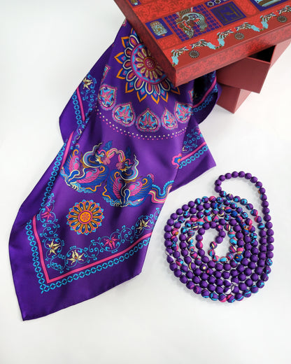Printed Silk Wrapped Bead Necklace / Purple / 110cm / 44in