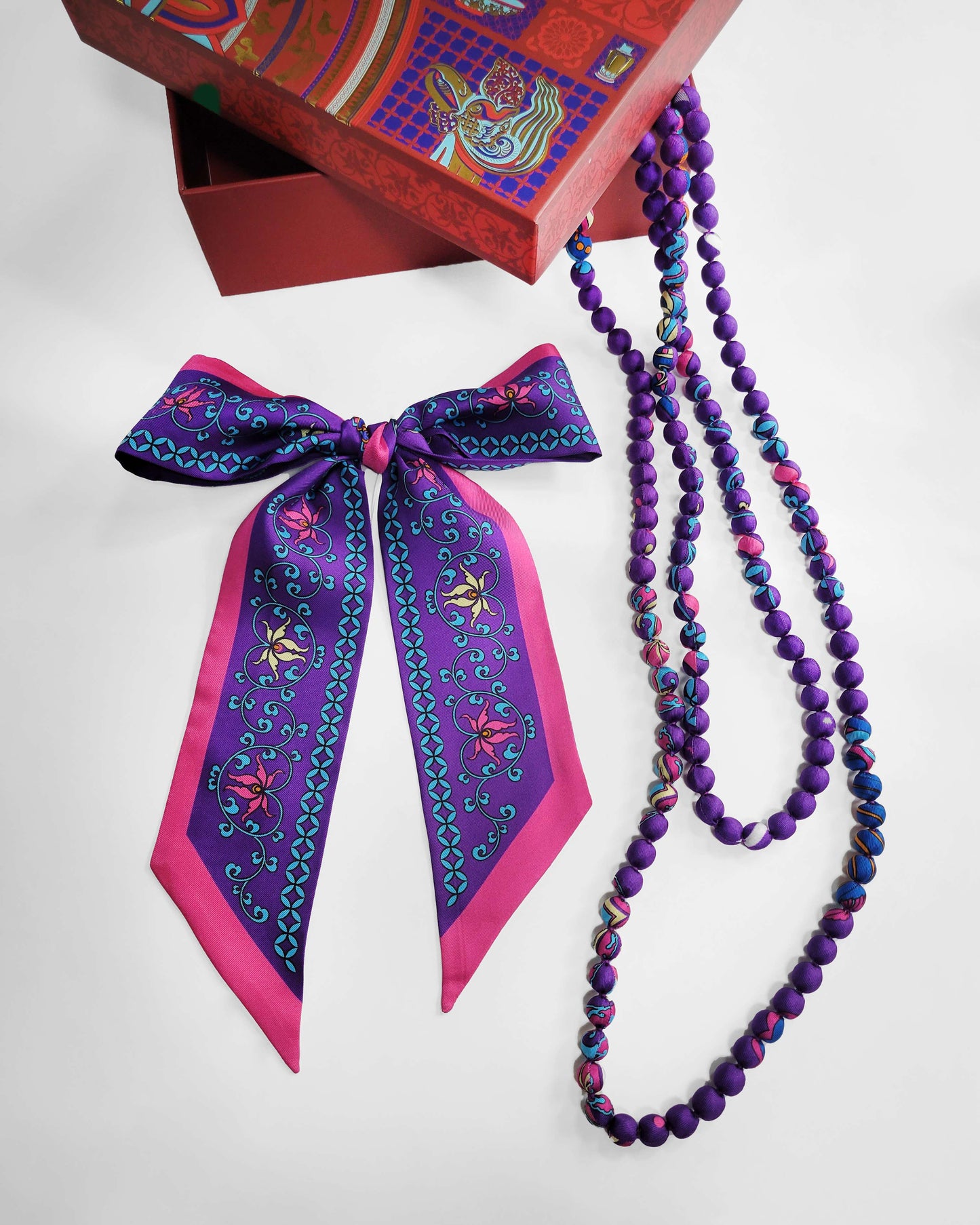 Printed Silk Wrapped Bead Necklace / Purple / 110cm / 44in