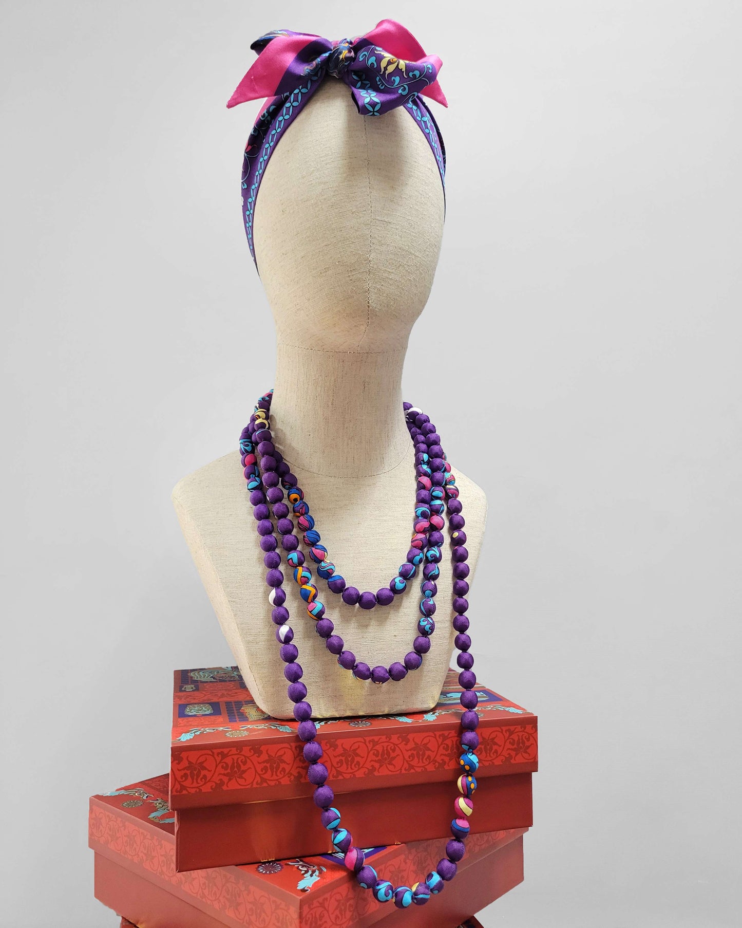 Printed Silk Wrapped Bead Necklace / Purple / 110cm / 44in