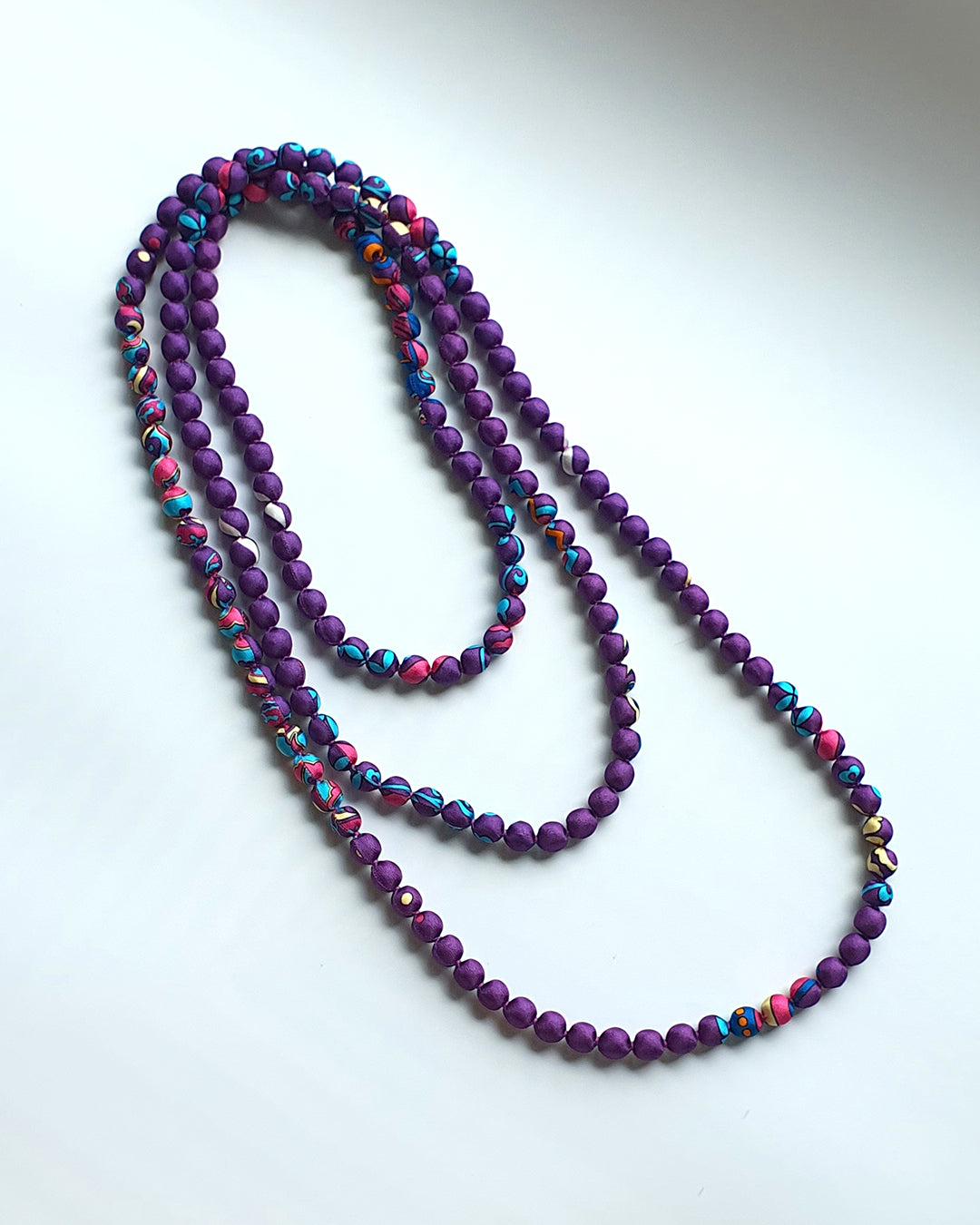 Printed Silk Wrapped Bead Necklace / Purple / 110cm / 44in